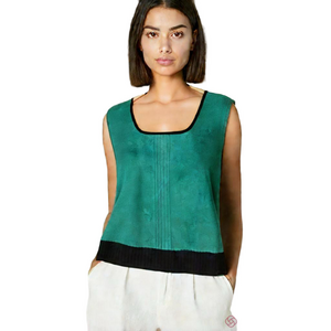 Ming Wang Tank Top Stretch Knitted Ribbed Bottom Edging Side Slits Black Green L